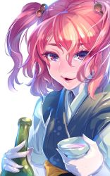 Rule 34 | 1girl, alcohol, bottle, bowl, hair bobbles, hair ornament, japanese clothes, lips, long sleeves, looking at viewer, onozuka komachi, open mouth, puffy sleeves, red eyes, red hair, sake, sake bottle, simple background, smile, solo, touhou, twintails, two side up, white background, zounose