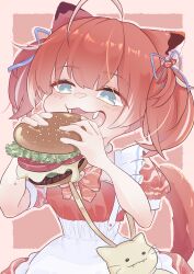Rule 34 | 1girl, :3, absurdres, ahoge, akami karubi, animal ears, apron, bag, blue eyes, bow, brown hair, burger, cat ears, cat girl, cat tail, chibi, dress, eating, fang, fangs, food, hair ribbon, highres, holding, holding food, indie virtual youtuber, n koke t, open mouth, puffy sleeves, red dress, ribbon, short sleeves, smile, solo, tail, tomato, twintails, virtual youtuber, white apron