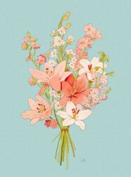 Rule 34 | blue background, bouquet, bud, commentary, commission, english commentary, flower, highres, larkspur (flower), libbyframe, lily (flower), no humans, original, pink flower, plant, signature, simple background, still life, white flower