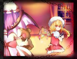 Rule 34 | 2girls, ankle socks, bad id, bad pixiv id, bat wings, blonde hair, border, chain, doll, flandre scarlet, forest, from behind, giving, hat, indoors, lake, light purple hair, looking at viewer, looking back, mob cap, mountain, multiple girls, nature, no shoes, red eyes, remilia scarlet, ribbon, rushiyabo, short hair, short sleeves, siblings, side ponytail, sisters, sitting, skirt, skirt set, socks, stuffed animal, stuffed toy, teddy bear, touhou, wariza, window, wings