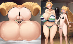 Rule 34 | 2girls, absurdres, anus, archer (disgaea), ass, bar censor, bed, bedroom, bikini, bikini top only, blonde hair, blue eyes, blush, breasts, censored, disgaea, erection, flat chest, futa with female, futanari, grabbing, headband, highres, huge breasts, large penis, long hair, lying, mating press, medium hair, multiple girls, on bed, open mouth, penis, penis grab, pointy ears, sex, sirosoil, size difference, smile, swimsuit, testicles, twintails, vaginal