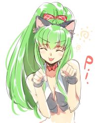 Rule 34 | :3, :d, ^ ^, alternate hairstyle, animal ears, bare shoulders, blush, bow, breasts, c.c., cat ears, cleavage, closed eyes, code geass, collarbone, creayus, eyebrows, fake animal ears, fang, fingerless gloves, gloves, green hair, grey gloves, grey vest, hair bow, hairband, long hair, midriff, open mouth, paw pose, plaid, plaid bow, ponytail, red bow, sidelocks, simple background, sketch, sleeveless, smile, solo, stomach, sun, teeth, upper body, very long hair, vest, whiskers, white background