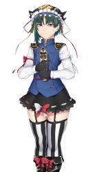 Rule 34 | &gt;:(, 1girl, arm ribbon, asymmetrical hair, black footwear, black gloves, black skirt, blue eyes, blue hat, blue vest, boots, buttons, double-breasted, eyeliner, eyeshadow, flat chest, frilled hat, frills, frown, garter straps, gloves, green hair, hat, hat ribbon, highres, knee boots, lips, long sleeves, looking at viewer, makeup, miniskirt, nicutoka, ribbon, ribbon-trimmed skirt, ribbon trim, rod of remorse, shiki eiki, shirt, short hair, shoulder pads, simple background, skindentation, skirt, solo, striped clothes, striped thighhighs, team shanghai alice, thighhighs, touhou, turtleneck, v-shaped eyebrows, vest, white background, white shirt, zettai ryouiki