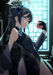 Rule 34 | 1girl, backlighting, bare shoulders, black dress, black gloves, black hair, blue archive, blush, braid, braided bun, breasts, butterfly hair ornament, china dress, chinese clothes, coat, double bun, dragon print, dress, eretto, food, fruit, gloves, grey coat, grey eyes, hair bun, hair ornament, half gloves, halo, kisaki (blue archive), long hair, long sleeves, looking at viewer, off shoulder, peach, pelvic curtain, pinstripe pattern, short dress, side slit, small breasts, solo, striped, striped coat, thighs, twintails, vertical-striped coat