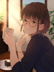 Rule 34 | 1girl, blue shirt, blunt bangs, blurry, blurry background, blush, bracelet, brown eyes, brown hair, cake, cake slice, closed mouth, cup, earrings, elbows on table, food, glasses, hand up, highres, holding, holding cup, indoors, jewelry, light rays, long sleeves, looking at viewer, mole, mole under eye, mug, multicolored nails, nail polish, original, plant, saitou (lynx-shrike), shirt, short hair, sleeves rolled up, smile, solo, sunbeam, sunlight, turtleneck, upper body, yellow-framed eyewear