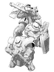 Rule 34 | absurdres, armor, axe, bullet hole, cable, commentary, damaged, drum magazine, greyscale, gun, gundam, gundam 08th ms team, highres, holding, holding axe, holding gun, holding shield, holding weapon, looking to the side, magazine (weapon), mecha, mecha kaku man, mobile suit, mobile suit gundam, monochrome, no humans, one-eyed, pauldrons, robot, rx-78-2, scratches, shield, shoulder armor, shoulder spikes, simple background, spiked pauldrons, spikes, weapon, white background, zaku i, zaku ii