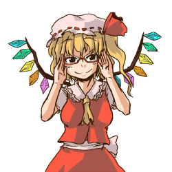 Rule 34 | 1girl, adjusting eyewear, ameimo, ascot, bespectacled, blonde hair, bow, crystal, female focus, flandre scarlet, glasses, hat, hat bow, looking at viewer, lowres, simple background, skirt, skirt set, smile, solo, touhou, white background, wings