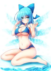 Rule 34 | 1girl, aged up, alternate breast size, alternate hair length, alternate hairstyle, bare arms, bare legs, bare shoulders, barefoot, bikini, blue bow, blue eyes, blue hair, blue nails, blush, bow, breasts, cirno, collarbone, commentary request, criss-cross halter, groin, hair between eyes, hair bow, halterneck, hands up, highres, ice, ice wings, large breasts, long hair, looking at viewer, nail polish, navel, o-ring, o-ring bikini, osashin (osada), shadow, simple background, sitting, smile, solo, stomach, swimsuit, thighs, toenail polish, toenails, touhou, white background, wings, yokozuwari
