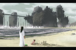 Rule 34 | 1boy, 1girl, aged down, beach, black hair, bridge, castle, child, dress, food, fruit, horns, ico, ico (character), letterboxed, long hair, mono (shadow of the colossus), ocean, sand castle, sand sculpture, shadow of the colossus, spoilers, watermelon, white dress