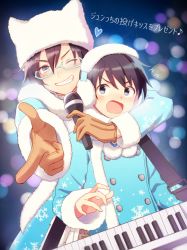 Rule 34 | 10s, 2boys, ;), akk1, alternate costume, black hair, blue-framed eyewear, blue eyes, blush, brown gloves, coat, earmuffs, flying sweatdrops, fuyumi jun, gloves, grin, idol, idolmaster, idolmaster side-m, instrument, iseya shiki, keytar, looking at another, looking at viewer, male focus, microphone, multiple boys, one eye closed, open mouth, pointing, pointing at viewer, smile, winter clothes, winter coat