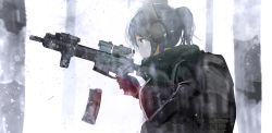 Rule 34 | 1girl, assault rifle, backpack, bag, black jacket, closed mouth, forest, grey eyes, grey hair, gun, hair between eyes, headset, holding, holding gun, holding weapon, jacket, long sleeves, looking to the side, m4 carbine, magazine (weapon), military, nature, original, ponytail, reloading, rifle, scarf, snow, snowing, solo, weapon, ylmi