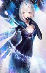 Rule 34 | 1girl, blue eyes, collarbone, cowboy shot, finger to mouth, highres, jewelry, juexing (moemoe3345), light particles, looking at viewer, necklace, original, outstretched hand, short hair, silver hair, snowflakes, solo, wings