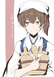 Rule 34 | 1girl, artist name, bandana, brown eyes, brown hair, dated, facing viewer, highres, holding, holding spoon, japanese clothes, kaga (kancolle), kantai collection, long hair, looking to the side, official alternate costume, ohitsu, shamoji, side ponytail, sideways glance, signature, solo, spoon, taira yuuki, tasuki, upper body, wooden spoon