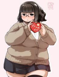 Rule 34 | 1girl, black-framed eyewear, blunt bangs, blush, box, breasts, brown hair, brown thighhighs, buttons, commentary request, cowboy shot, dot nose, fat, glasses, heart-shaped box, holding, jitome, large breasts, lips, long sleeves, looking at viewer, medium hair, miniskirt, original, parted lips, pink background, pleated skirt, semi-rimless eyewear, sidelocks, simple background, skirt, sleeves past wrists, solo, thick thighs, thighhighs, thighs, translation request, zettai ryouiki, zuisawa