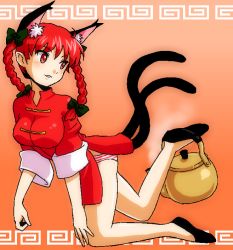 Rule 34 | 1girl, animal ears, bad id, bad pixiv id, bow, braid, cat ears, cat girl, cat tail, china dress, chinese clothes, cosplay, dress, female focus, hair bow, kaenbyou rin, kettle, multiple tails, no pants, no socks, panties, ranma-chan, ranma-chan (cosplay), ranma 1/2, red eyes, red hair, ribbon, saotome ranma, saotome ranma (cosplay), short hair, sleeves rolled up, solo, striped clothes, striped panties, tail, touhou, twin braids, twintails, underwear, wion