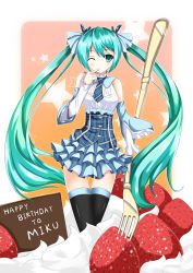 Rule 34 | 1girl, aqua eyes, aqua hair, black thighhighs, cake, chocolate, detached sleeves, fatkewell, finger to mouth, food, foreshortening, fruit, hair ribbon, hatsune miku, highres, long hair, necktie, one eye closed, oversized object, plaid, ribbon, skirt, solo, star (symbol), strawberry, thighhighs, very long hair, vocaloid, whipped cream, wink