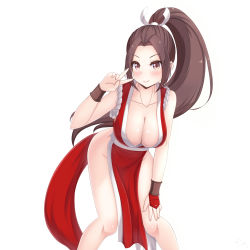 Rule 34 | 1girl, absurdres, blush, breasts, cleavage, fatal fury, highres, large breasts, long hair, looking at viewer, no bra, no panties, ponytail, sainohikari, shiranui mai, simple background, smile, solo, v, white background