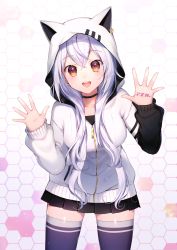 Rule 34 | 1girl, :d, animal ears, animal hood, azuma lim, azuma lim channel, black choker, black skirt, black thighhighs, blush, breasts, brown eyes, cat ears, cat hood, choker, collarbone, commentary request, ear piercing, hair between eyes, hands up, highres, honeycomb (pattern), honeycomb background, hood, hood up, hoodie, leaning to the side, long hair, long sleeves, looking at viewer, medium breasts, momoshiki tsubaki, open mouth, piercing, pleated skirt, puffy long sleeves, puffy sleeves, silver hair, skirt, sleeves past wrists, smile, solo, teeth, thighhighs, upper teeth only, very long hair, virtual youtuber, white hoodie