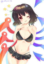 Rule 34 | 1girl, ;d, artist name, asymmetrical wings, bare arms, bare shoulders, bikini, black bikini, black hair, blue wings, blush, breasts, collarbone, commentary request, cowboy shot, hair between eyes, halterneck, hands up, head tilt, highleg, highleg bikini, highres, houjuu nue, looking at viewer, medium breasts, navel, one eye closed, open mouth, ramudia (lamyun), red eyes, red wings, shiny skin, short hair, silhouette, simple background, smile, solo, star (symbol), stomach, swimsuit, thighs, touhou, twitter username, white background, wings