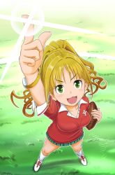 Rule 34 | 10s, 1girl, :3, american football (object), arm up, ball, blonde hair, breasts, brown hair, collared shirt, from above, grass, green eyes, high ponytail, hino akane (idolmaster), idolmaster, idolmaster cinderella girls, kneehighs, lens flare, long hair, murakumo1987, open mouth, plaid, plaid skirt, pleated skirt, school uniform, scrunchie, shirt, shoes, skirt, sneakers, socks, solo, watch, white socks, wristwatch
