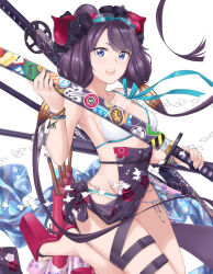 1girl bikini blue_eyes bracelet collarbone commentary fate/grand_order fate_(series) goggles goggles_on_head hair_ornament jewelry katana katsushika_hokusai_(fate) katsushika_hokusai_(swimsuit_saber)_(fate) looking_at_viewer obi okobo open_mouth platform_clogs platform_footwear purple_hair red_footwear sandals saruno_(eyesonly712) sash sheath sheathed solo swimsuit sword teeth upper_teeth_only weapon white_bikini