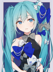 Rule 34 | 1girl, absurdres, bare shoulders, blue background, blue bow, blue hair, bow, bowtie, chromatic aberration, drawing kanon, hair bow, hatsune miku, highres, long hair, looking at viewer, simple background, solo, twintails, upper body, very long hair, vocaloid, white bow