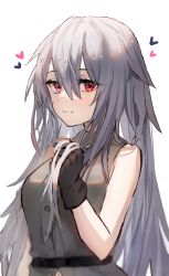 Rule 34 | 1girl, arknights, bare shoulders, belt, black gloves, closed mouth, commentary request, gloves, grey shirt, hair between eyes, hand in own hair, heart, highres, horn/wood, looking at viewer, red eyes, shirt, silver hair, simple background, skadi (arknights), sleeveless, sleeveless shirt, smile, solo, upper body, white background