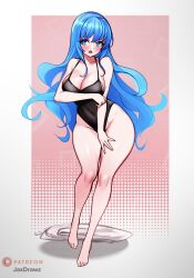 Rule 34 | 1girl, arm under breasts, artist name, black one-piece swimsuit, blue eyes, blue hair, border, breasts, cleavage, collarbone, commentary, commission, covered navel, english commentary, feet, full body, grey border, hair between eyes, hand on own thigh, highleg, highleg swimsuit, highres, huge breasts, jaxdrawz, legs, long hair, looking at viewer, one-piece swimsuit, open mouth, original, patreon logo, pink background, sidelocks, solo, standing, swimsuit, thick thighs, thighs, toenails, toes, very long hair