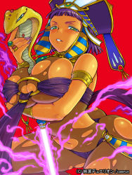 Rule 34 | 1girl, ass, between breasts, blush, bodystocking, breasts, cleavage, cobra (animal), copyright name, curvy, dark-skinned female, dark skin, egyptian, eroe, eyelashes, green eyes, hat, headdress, huge breasts, jewelry, junketsu duelion, lots of jewelry, mole, mole under eye, nail polish, navel, necklace, o-ring, o-ring top, official art, purple hair, purple nails, red background, simple background, solo, staff, torn clothes, watermark, yuneria philopator