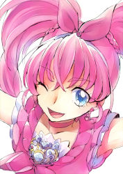 Rule 34 | 10s, 1girl, blue eyes, bow, brooch, choker, cure melody, earrings, heart, houjou hibiki, jewelry, kurocchirokko, kurochiroko, long hair, looking at viewer, magical girl, one eye closed, pink bow, pink hair, precure, simple background, solo, suite precure, twintails, white background, wink