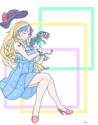 Rule 34 | 1girl, alternate costume, bare legs, blonde hair, blue dress, blue eyes, bouquet, breasts, commandant teste (kancolle), dress, flower, hat, high heels, highres, holding, kantai collection, long hair, looking at viewer, multicolored hair, multicolored ribbon, one eye closed, polka dot, polka dot dress, red footwear, ribbon, smile, solo, streaked hair, thrux, wavy hair, white polka dots