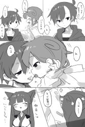 Rule 34 | ..., 1girl, 2boys, about to kiss, absurdres, ahoge, animal ears, blush, breasts, brothers, brown hair, candy, cat ears, comic, cowlick, earrings, fang, food, frown, greyscale, happy, heart, highres, hood, hood down, hoodie, incest, jacket, jewelry, jitome, karato (uenomigi), large breasts, long hair, long sleeves, looking at another, monochrome, multiple boys, open mouth, original, ponytail, raito-kun (uenomigi), shirt, short hair, short ponytail, siblings, simple background, skin fang, smile, speech bubble, talking, translation request, triangle mouth, uenomigi, v-shaped eyebrows, white background