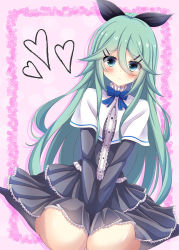 Rule 34 | 1girl, alternate costume, between legs, blue ribbon, blush, capelet, commentary request, dress, frilled dress, frills, green eyes, green hair, hair between eyes, hair flaps, hair ornament, hairclip, hand between legs, heart, kakeyu, kantai collection, long hair, looking at viewer, parted bangs, ponytail, ribbon, simple background, sitting, solo, wariza, yamakaze (kancolle)