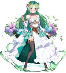 Rule 34 | 1girl, aqua flower, ark order, bare shoulders, belt, black thighhighs, blue flower, blush, breasts, brown belt, brown sash, chain, cleavage, detached sleeves, dress, dress flower, flower, full body, garter straps, gold chain, gold trim, green hair, hair ornament, holding, holding string, hydrangea, lachesis (ark order), leaf, long hair, long sleeves, looking at viewer, medium breasts, official art, parted bangs, pink eyes, puffy long sleeves, puffy sleeves, purple flower, shoes, smile, solo, string, tachi-e, thighhighs, transparent background, very long hair, white dress