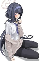 Rule 34 | 1girl, black hair, black pantyhose, blue archive, blue eyes, blue hairband, blue neckerchief, blush, cardigan, grey cardigan, hairband, halo, highres, jewelry, long hair, long sleeves, looking at viewer, low twintails, neckerchief, necklace, pantyhose, ryou (ryoutarou), sailor collar, school uniform, shirt, simple background, sitting, twintails, ui (blue archive), white background, white sailor collar, white shirt