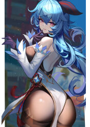 Rule 34 | 1girl, arched back, ass, back, bare shoulders, blue hair, blurry, blurry background, bodystocking, breasts, brown pantyhose, closed mouth, commentary, cowboy shot, detached sleeves, finger to mouth, from side, ganyu (genshin impact), genshin impact, gloves, goat horns, hair between eyes, highres, horns, kuroha (rockluo213), large breasts, long hair, long sleeves, looking at viewer, looking back, pantyhose, purple eyes, raised eyebrows, revision, solo, tassel, vision (genshin impact)