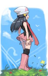 Rule 34 | 1girl, :d, ass, beanie, black dress, black hair, black thighhighs, blue eyes, boots, bracelet, child, chiwino, cloud, creatures (company), dawn (pokemon), dress, female focus, flat chest, flower, from behind, full body, game freak, gluteal fold, grass, hair ornament, hairclip, hat, highres, jewelry, kneepits, long hair, looking at viewer, looking back, nintendo, no panties, open mouth, outdoors, pink footwear, pokemon, pokemon dppt, red scarf, scarf, shoes, skirt, sky, sleeveless, sleeveless dress, smile, solo, standing, thighhighs, thighs, upskirt, white hat