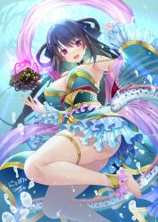 Rule 34 | 1girl, 2024, :d, air bubble, alternate costume, alternate hairstyle, ao no kanata no four rhythm, aqua dress, bare shoulders, barefoot, black hair, black ribbon, blush, box, breasts, bubble, choker, commentary request, commission, cosplay, curvy, dated commentary, detached sleeves, dress, eel, emanon123, feet, floating hair, foot out of frame, frilled dress, frilled sleeves, frills, green choker, hair between eyes, hair bobbles, hair ornament, hair ribbon, hands up, happy, highres, japanese mythology, large breasts, legs, long hair, looking at viewer, open mouth, otohime, otohime (cosplay), pink shawl, purple eyes, ribbon, scale print, second-party source, shawl, short dress, sidelocks, skeb commission, smile, solo, strapless, strapless dress, thick thighs, thigh strap, thighs, tobisawa misaki, toenails, toes, underwater, wide sleeves, x hair ornament