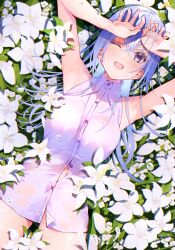 Rule 34 | 1girl, absurdres, armpits, arms up, blue hair, blush, bottomless, breasts, dress shirt, flower, from above, hair between eyes, highres, idolmaster, idolmaster shiny colors, long hair, looking at viewer, lying, medium breasts, naked shirt, navel, no panties, on back, one eye closed, open mouth, partially unbuttoned, puni (punycolors), purple eyes, see-through, see-through shirt, shirt, sleeveless, sleeveless shirt, smile, solo, suzuki hana, sweat, wet, wet clothes, wet shirt, white flower, white shirt
