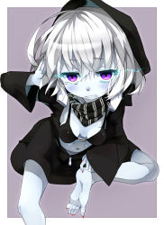 Rule 34 | 10s, 1girl, abyssal ship, bad id, bad pixiv id, barefoot, breasts, clenched teeth, feet, from above, glowing, glowing eyes, hood, hooded jacket, jacket, kantai collection, looking at viewer, looking up, pale skin, purple eyes, re-class battleship, revision, salamander (hop-step), scarf, short hair, silver hair, simple background, sitting, small breasts, soles, solo, tears, teeth, toes