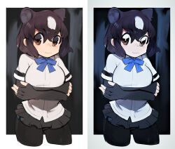 1girl animal_ears bear_ears bear_girl black_gloves black_skirt blue_ribbon breasts brown_bear_(kemono_friends) brown_eyes cameltoe closed_mouth cowboy_shot cropped_legs crossed_arms day_and_night elbow_gloves extra_ears fingerless_gloves gloves hair_between_eyes highres jpeg_artifacts kemono_friends large_breasts microskirt multicolored_hair neck_ribbon pleated_skirt purple_hair raichiyo ribbon shirt short_hair short_sleeves skirt smile two-tone_hair white_hair white_shirt