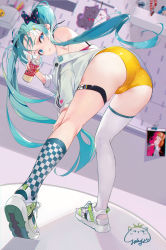 Rule 34 | 1girl, absurdres, ass, bent over, blue bow, blue eyes, blue hair, bow, can, checkered clothes, checkered legwear, dr pepper, floating hair, from behind, full body, hair bow, hatsune miku, highres, holding, holding can, jacket, jiujiuyatou (yayanzz), long hair, looking at viewer, looking back, off shoulder, panties, polka dot, polka dot bow, single sock, single thighhigh, socks, solo, thigh strap, thighhighs, twintails, underwear, very long hair, vocaloid, white footwear, white jacket, white thighhighs, yellow panties