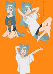 Rule 34 | 1girl, ^^^, animal ears, antenna hair, aqua hair, arm behind head, arm support, armpits, arms behind head, arms up, bad id, bad tumblr id, bare legs, barefoot, between legs, black shorts, blue shirt, blush, cat ears, cat girl, cat tail, closed eyes, collarbone, dot nose, eyebrows, facing viewer, fangs, from side, grin, hair between eyes, hair ornament, hairclip, hand between legs, highres, long hair, looking away, multiple views, muted color, niwabuki, open mouth, orange background, original, parted lips, red eyes, ruka (niwabuki), shirt, short sleeves, shorts, simple background, single tear, smile, squatting, stretching, t-shirt, tail, tareme, tearing up, translation request, upper body, white shirt, yawning