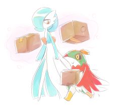 Rule 34 | 1boy, 1girl, alternate color, aquacua, artist name, black sclera, blush, box, cardboard box, colored sclera, creatures (company), full body, game freak, gardevoir, gen 3 pokemon, gen 6 pokemon, hair over one eye, half-closed eyes, hawlucha, highres, holding, legs apart, looking down, looking to the side, nintendo, pokemon, pokemon (creature), pokemon rse, pokemon xy, red eyes, shiny pokemon, signature, simple background, standing, telekinesis, text focus, walking, white background, yellow eyes