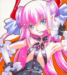 Rule 34 | 1girl, armpits, asymmetrical horns, black dress, breasts, commentary request, detached sleeves, dress, elizabeth bathory (fate), elizabeth bathory (fate/extra ccc), elizabeth bathory (first ascension) (fate), fate/grand order, fate (series), fingernails, hair ribbon, hand on own hip, horns, licking, licking finger, long fingernails, long hair, looking at viewer, mizuki hitoshi, pink hair, pointy ears, purple eyes, ribbon, small breasts, solo, tongue, tongue out, twintails, uneven horns, upper body, wrist cuffs