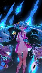 Rule 34 | 1girl, :d, absurdly long hair, absurdres, aqua eyes, aqua hair, backlighting, bare arms, boots, commentary, dress, feet out of frame, floating hair, future eve (vocaloid), gloves, gradient hair, hair ornament, hair ribbon, hand on headphones, hatsune miku, headphones, headset, heart, highres, holding, holding wand, knee boots, long hair, looking at viewer, magical mirai (vocaloid), magical mirai miku, magical mirai miku (2022), microphone wand, multicolored hair, nannaspad, night, night sky, open mouth, outdoors, pink dress, pink gloves, pink hair, pink ribbon, planet, radio antenna, ribbon, rocket, shooting star, sky, sleeveless, sleeveless dress, smile, solo, space, standing, star (sky), star (symbol), star hair ornament, striped ribbon, thigh strap, very long hair, vocaloid, wand