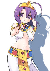 Rule 34 | 1girl, ahoge, blush, breasts, cleavage, egyptian clothes, eyebrows hidden by hair, highres, hihkunhihkun, jashin-chan dropkick, looking at viewer, medium breasts, medusa (jashin-chan dropkick), navel, no bra, open mouth, purple eyes, purple hair, shadow, short hair, simple background, solo, standing, sweat, white background