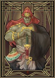 Rule 34 | 1boy, bare shoulders, brown background, closed mouth, cowboy shot, ganondorf, highres, jewelry, large pectorals, long hair, looking at viewer, male focus, muscular, muscular male, nintendo, pectorals, red hair, ring, saikohlen (zeichart), sword, the legend of zelda, the legend of zelda: tears of the kingdom, weapon