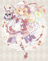 Rule 34 | 1girl, apron, argyle, argyle background, argyle clothes, blonde hair, blush, buttons, center frills, closed mouth, corrupted twitter file, crystal, doily, dress, eyeball, flandre scarlet, food, frilled apron, frilled sleeves, frills, full body, hair between eyes, hat, highres, knife, long hair, macaron, mob cap, nikorashi-ka, one side up, red dress, red eyes, red footwear, shoes, skull, sleeves past fingers, sleeves past wrists, smile, solo, touhou, waist apron, white apron, white hat, wide sleeves, wings