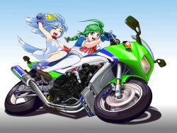Rule 34 | 2girls, ahoge, animal ears, artist request, blue eyes, braid, closed eyes, collar, dress, fang, gloves, gradient background, green hair, happy, inu-t, loafers, looking at viewer, maid, me-tan, motor vehicle, motorcycle, multiple girls, os-tan, saba, saba (sio), shoes, short dress, simple background, smile, tail, thighhighs, vehicle, white legwear